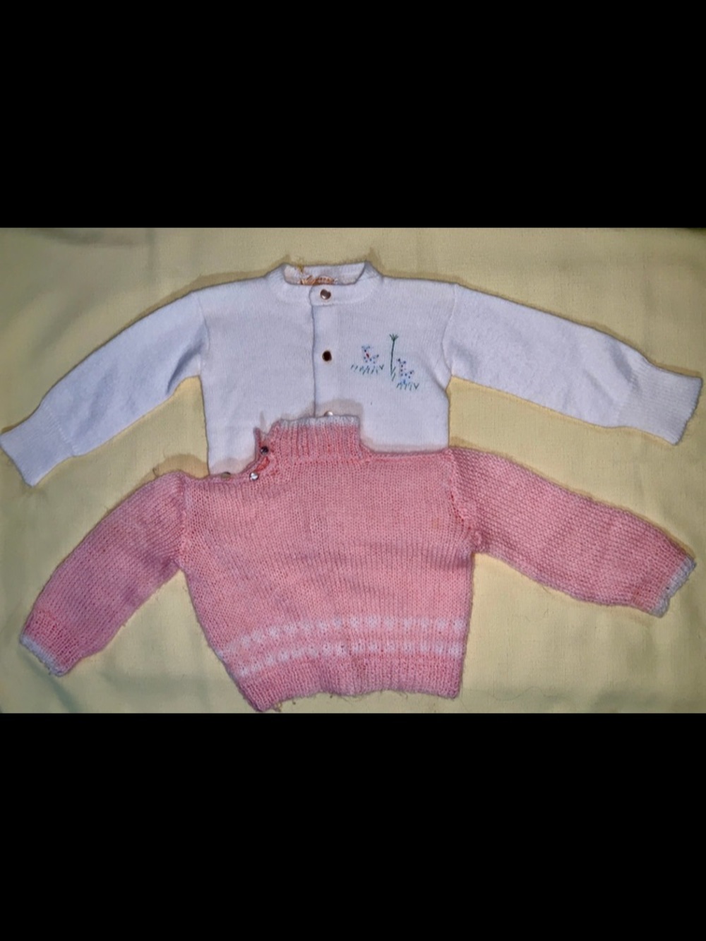 Vintage 1960s baby clothes - White Embroidered Cardigan & Pink Knit Pullover